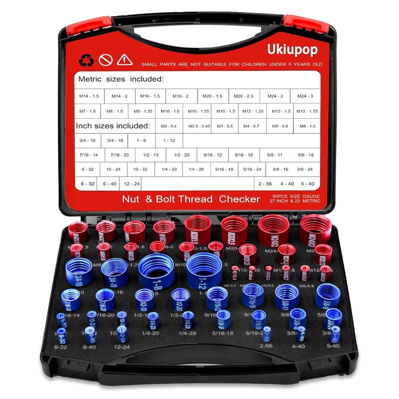 Ukiupop 50PCS Thread Checker Kit – SAE & Metric Bolt Thread Checker, Nut & Bolt Size Finder Tool (27 SAE + 23 Metric) – Thread Gauge for Quickly Identifying Screw, Nut, and Bolt Sizes - Image 1